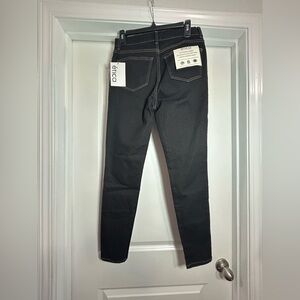 Etica Women's Classic Black Straight Leg Jeans with yellow stitching